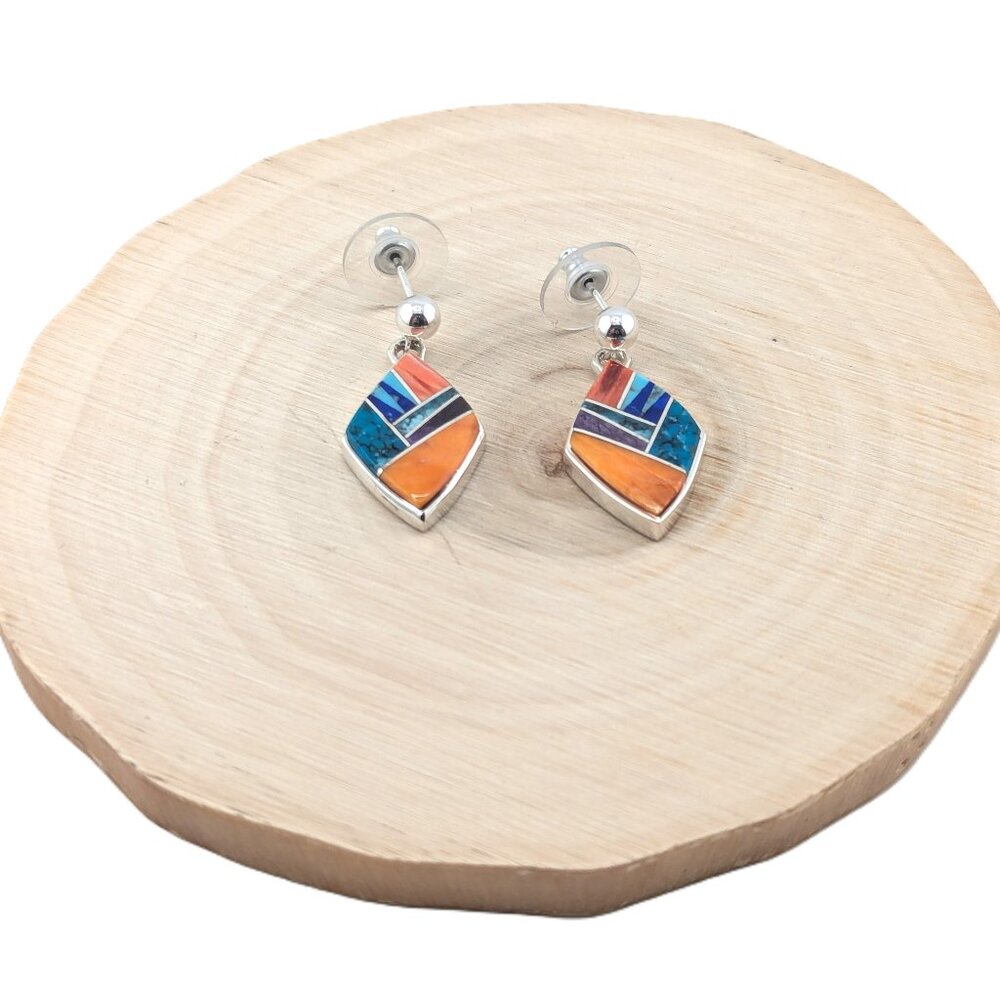Handcrafted Navajo Multi Stone Inlay Dangle Sterling Silver Earrings Southwest**